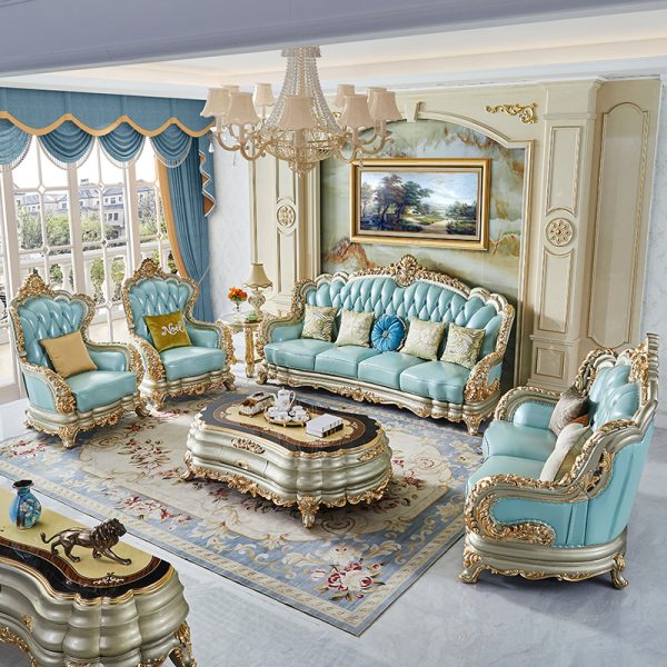 European Head Layer Yellow Cowhide Sofa 124 Combination