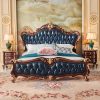 European Leather Bed Double Rubberwood Carved Bed